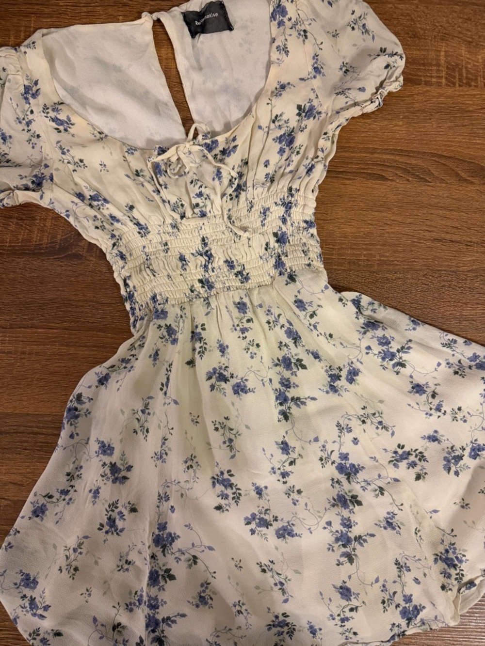 Reformation Floral Smocked Waist Mini Dress - White with Blue Floral